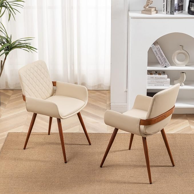 LUNLING Mid Century Modern Dining Chairs Set of 2,Accent Faux Leather Side Chairs Bentwood Frame with Armrest,Metal Legs Chair,Adjustable Foot for Kitchen Room Desk Chair(Cream White)