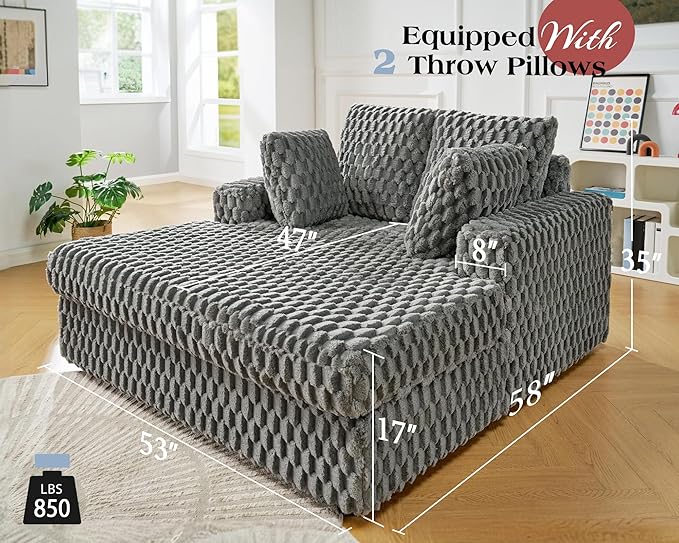 VanAcc 53 Inch Chaise Lounge Indoor, Upholstered Sofa Bed with Throw Pillows and Armrests, Sleeper Bed- Plush Lounge Chair for Living Room, Ash Grey