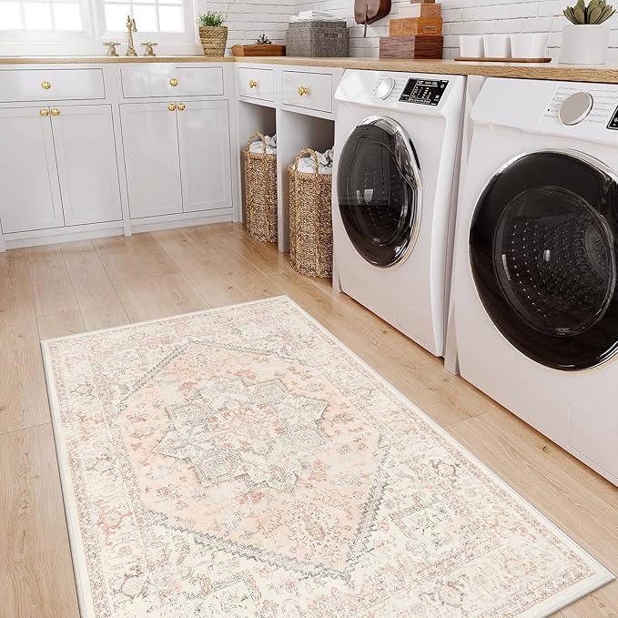 LIVEBOX Pink Carpet 3x5 - Oriental Floral Non-Slip Indoor Rug for Kitchen Entrance, Faux Wool Front Door Mat, Pet Friendly Accent Throw Rug for Bedroom Entry Foyer Laundry Room, Pink