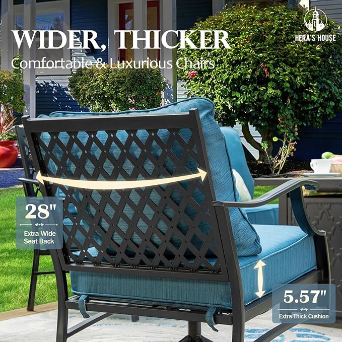 HERA'S HOUSE 6 Piece Patio Furniture Set, 2 x Rocking Cushioned Chair, 2 x Cushioned Ottoman, 1 x 3-Seat Sofa with Marbling Coffee Table, Outdoor Conversation Set for Lawn Backyard, Pacific Blue