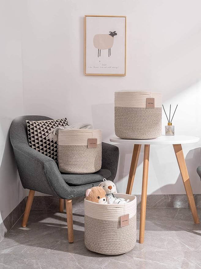 voten Storage Cubes Baskets Bins Organizer 11x11x11'' Fit 12x12''Cube Storage Organizer Bookcases Shelves,Durable Woven Cotton Storage Basket for Organizing,Round 3Pack Off White/Light Brown