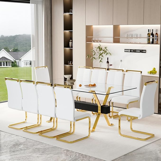 11 Piece Glass Dining Table Set, 79" Modern Dining Table Set for 10, 0.5" Thick Tempered Glass Tabletop with Gold Chrome Metal Legs and Black Crossbar, 10 PU Chairs for Dining Room, Kitchen