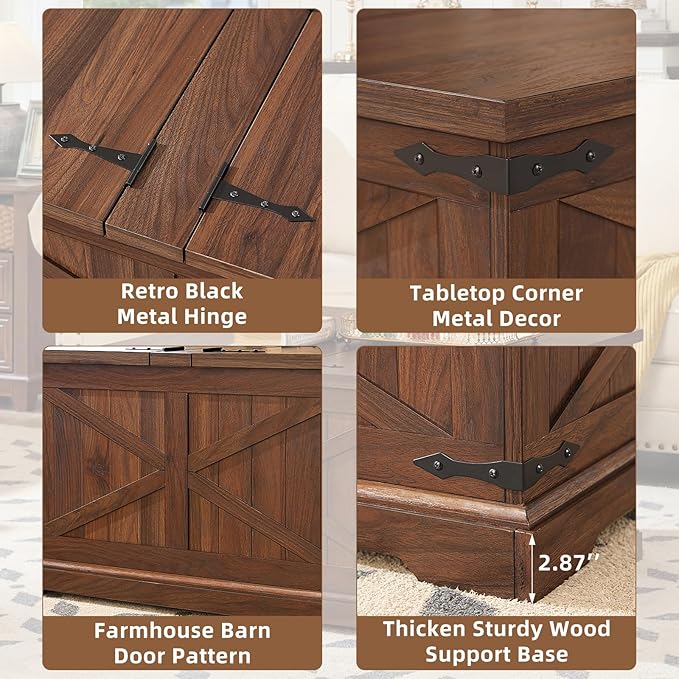 Farmhouse Coffee Table with Large Hidden Storage Compartment, Brown Retro Square Center Table, Wood Rustic Low Modern Living Room Tables with Hinged Lift Brown Top & Wooden Arc Base