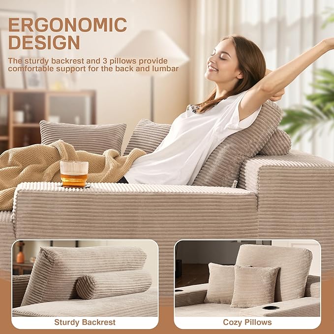 Chaise Lounge Chair Indoor, 67" Oversized Comfy Corduroy Sleeper Sofa Bed with Cup Holders and Wide Armrests, Boneless Upholstered Recliner Bed, Modern Cloud Couch for Living Room, Camel