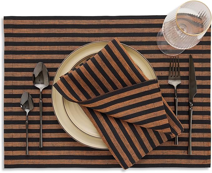 Solino Home Linen Napkins Set of 4-100% Pure Linen Amalfi Stripe Pumpkin and Black Cloth Dinner Napkins 20 x 20 Inch for Fall, Autumn, Halloween, Thanksgiving - Handcrafted and Machine Washable