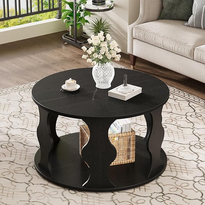 HSH Black Round Coffee Table, Modern Wood Circle Center Table for Living Room, Unique Rustic Wooden Circular Coffee Table with Storage, 2-Tier Accent Cocktail Tea Tables in Small Room, 31.5 in, Oak