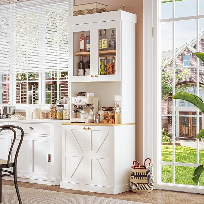Vyre 71" Farmhouse Kitchen Pantry Cabinet Set of 4, White Freestanding Coffee Bar Hutch with Glass Doors & Adjustable Shelves, Large Storage Cabinet with Microwave Stand for Living Room & Kitchen