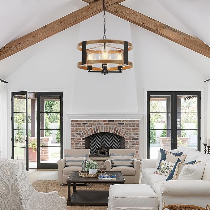 Farmhouse Chandelier, 20" Rustic Light Fixture with Glass Shade 4-Light Drum Lighting Fixtures Retro Pendant Lamp for Dining Room Foyer Living Room Entrance Kitchen Island Bedroom