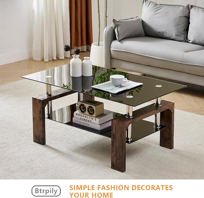 Living Room Rectangle Coffee Table, Tea Table Suitable for Waiting Room, Modern Side Coffee Table with Wooden Leg, Glass Tabletop with Lower Shelf.(Black Brown)