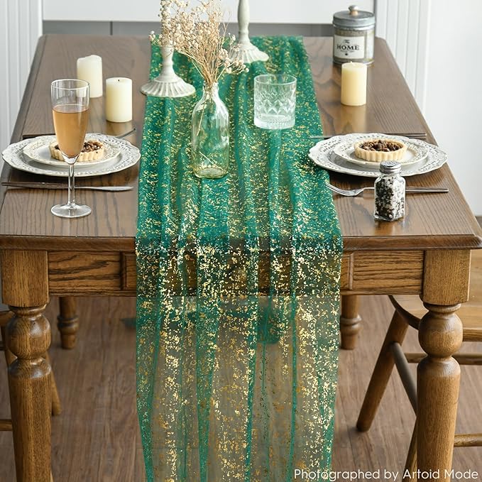 Artoid Mode 6PCS Green Gold Gauze Table Runner 120 Inch 10FT, Glitter Metallic Foil Sheer Dining Wedding Anniversary Holiday Table Decor for Home Party