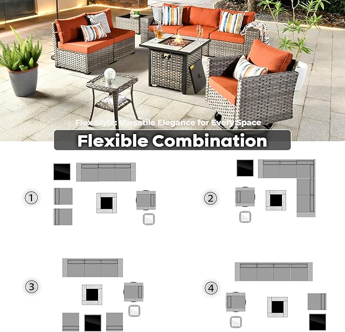 ovios 9 Pieces Patio Furniture Set, Outdoor Wicker Sectional Sofa with 30" Fire Pit Table Swivel Chair, Modern Modular Deep Seat Rattan Couch Conversation Sets, Orange Red