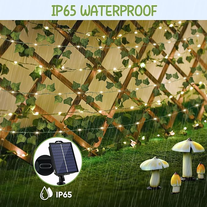 OMIKA Solar Fairy Lights with Vine, 66FT 200LED Solar String Lights & USB Outdoor Waterproof with Ivy, 19 Modes Vines with Light for Balcony Camping Outside Garden Yard Fence Wedding (Warm White)