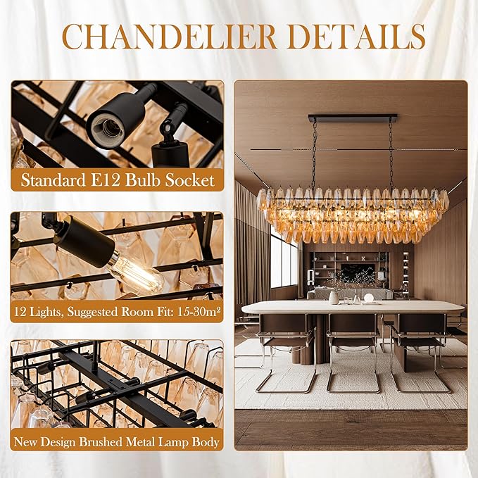 54" Black Rectangular Chandeliers for Dining Room, 12-Light 4 Tiered Large Smoke Glass Chandelier, Modern Kitchen Island Farmhouse Hanging Light Fixture for Living Room Foyer