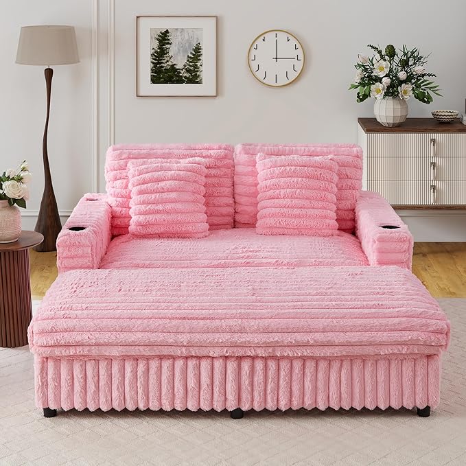 RARZOE 64'' Oversized Chaise Lounge Chair Indoor, Plush Faux Rabbit Fur Sleeper Sofa Bed with 4 Pillows, Charging Station & Cup Holders, Fluffy Comfy Cloud Couch Loveseat Sofa for Living Room,Pink