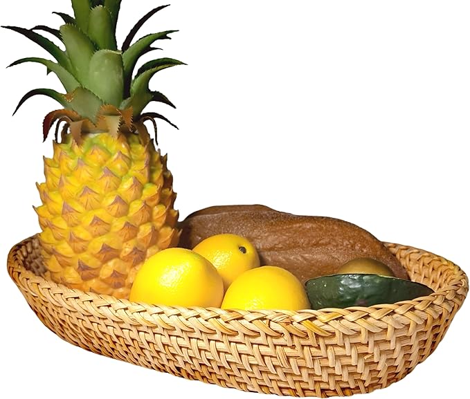 i-lan Large Size Handmand Oval Bread Serving Basket, Natural Rattan Fruit Bowl, Coffee Table Tray for Food Storage, Snack, Vegetable, Honey Brown （L: 12.5")
