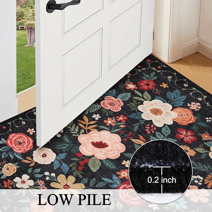 DUKINO 3x4 Area Rug, Lightweight Non Slip Washable Floral Rug, Indoor Low Pile & Non-Shedding Boho Design Carpets for Bedroom, Kitchen, Dining Room, Black