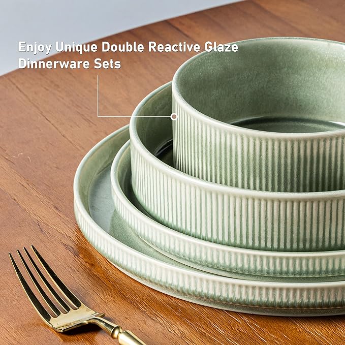 GBHOME Stoneware Dinnerware Sets for 8,Round Reactive Glaze Ceramic Plates and Bowls Set,Highly Scratch Resistant | Dishwasher & Microwave Safe Dishes Set,Service for 8(24pcs)