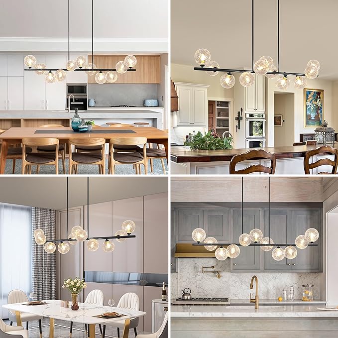 Linear Chandeliers for Dining Room, 51" Dining Room Light Fixture with Clear Swirled Glass Globe 11 Lights Black Sputnik Chandelier Bubble Large Chandelier Modern Farmhouse Island Light