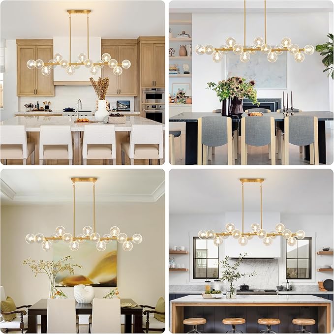 Modern Chandeliers for Dining Room Clear Glass 55" Large Dining Room Light Fixture, Gold Linear Sputnik Chandeliers Farmhouse Chandelier Kitchen Island, Electroplated Brass and Swirled Globe Shade