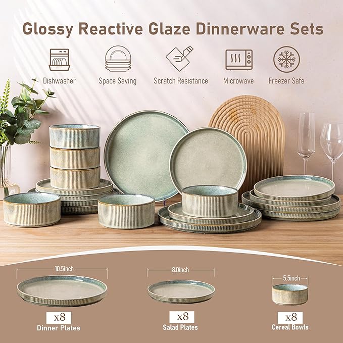 GBHOME Stoneware Dinnerware Sets for 8,Round Reactive Glaze Ceramic Plates and Bowls Set,Highly Scratch Resistant | Dishwasher & Microwave Safe Dishes Set,Service for 8(24Pcs)