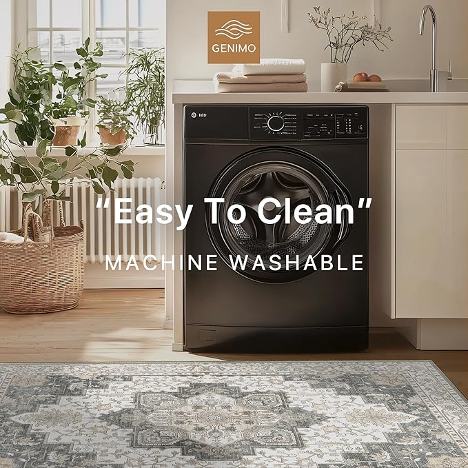 GENIMO 2'6''x10 Runner Rugs for Hallway, Machine Washable Non Slip Vintage Rugs, Low Pile Lightweight Soft Print Rug for enrtyway, Corridor, Home Office, Kitchen, Heathered Grey