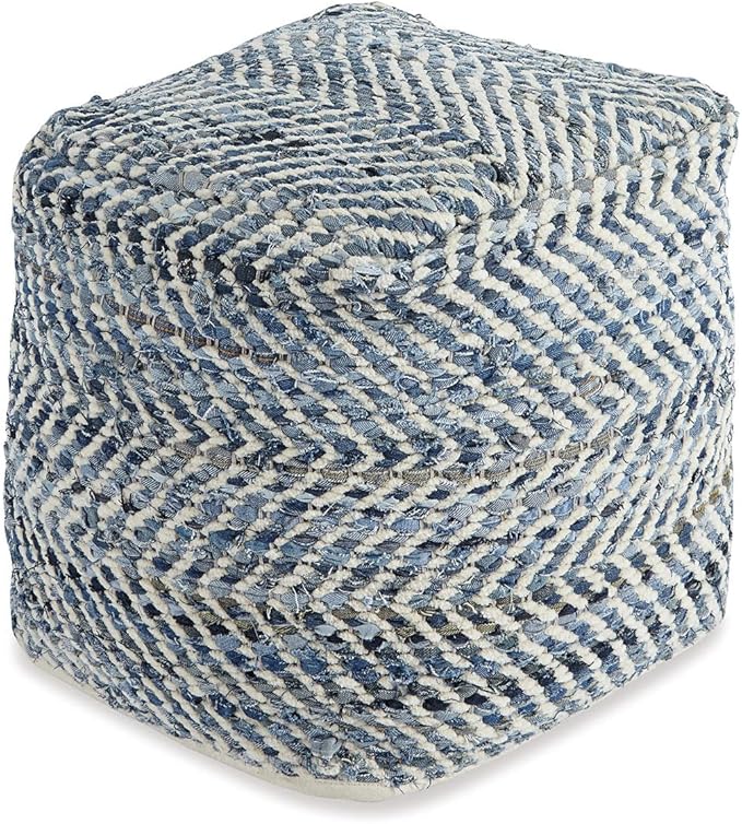 Signature Design by Ashley Chevron Handmade Woven Pouf 18 x 18, Blue and White