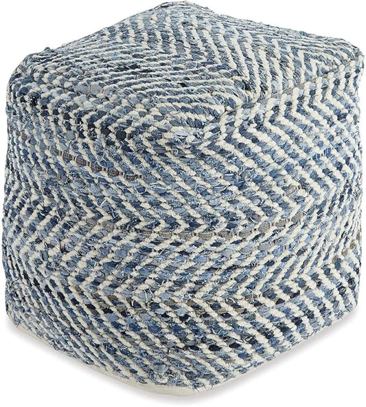 Signature Design by Ashley Chevron Handmade Woven Pouf 18 x 18, Blue and White