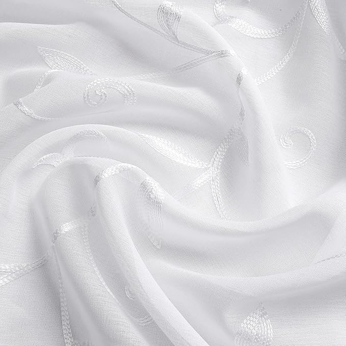 VISIONTEX White Leaves Sheer Voile Curtains, Decorative Embroidery Rod Pocket Window Drapes for Home Living Room and Bedroom 54 x 63 Inch, Set of 2 Curtain Panels