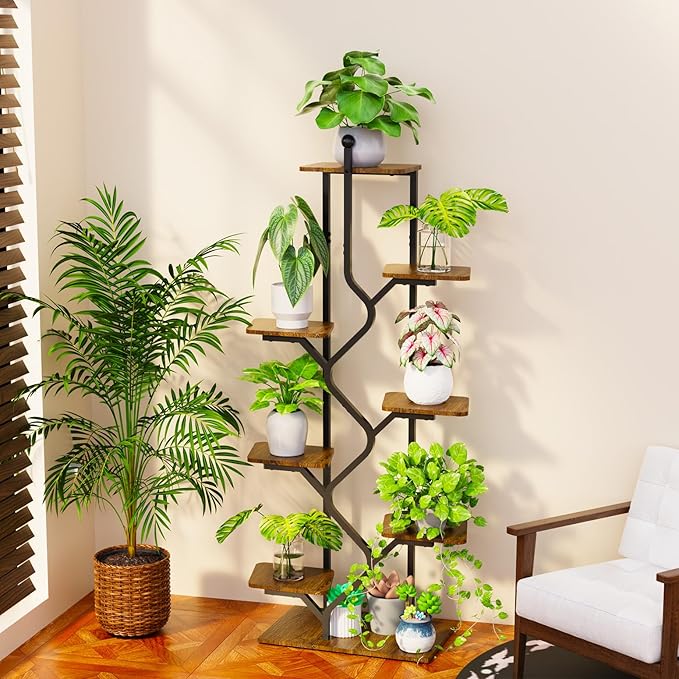 8-Tier Plant Stand with Grow Light, 57 Inch Indoor Plant Shelf, Decor Flower Stand for Living Room & Patio, Rust-Resistant Pipes & Waterproof MDF Boards