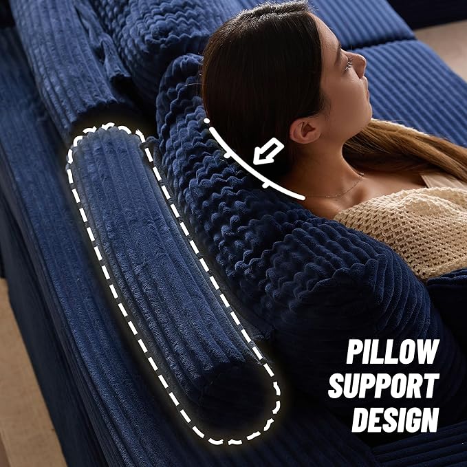 107" Boneless Couch with Deep Seat, Modular Sectional Sofa, Cloud Sectional Couch for Living Room, No Assembly Required, Corduroy, U-Shape 3 Seater Left, Blue