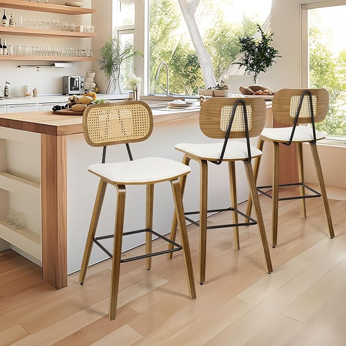 Counter Height Bar Stools Set of 4, 26" Mid Century Modern Rattan Bar Stools for Kitchen Counter PU Leather Upholstered Barstool with Wood Legs, Counter Height Island Stool Chair, Cream White & Walnut