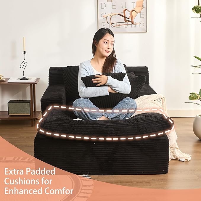 63" Oversized Chaise Lounge Chair Indoor, Extra Cloud Layer, Convertible Sleeper Sofa Couch with Removable Pillows & Side Pockets, Corduroy Upholstered Sofa Bed with Armrests for Living Room, Black