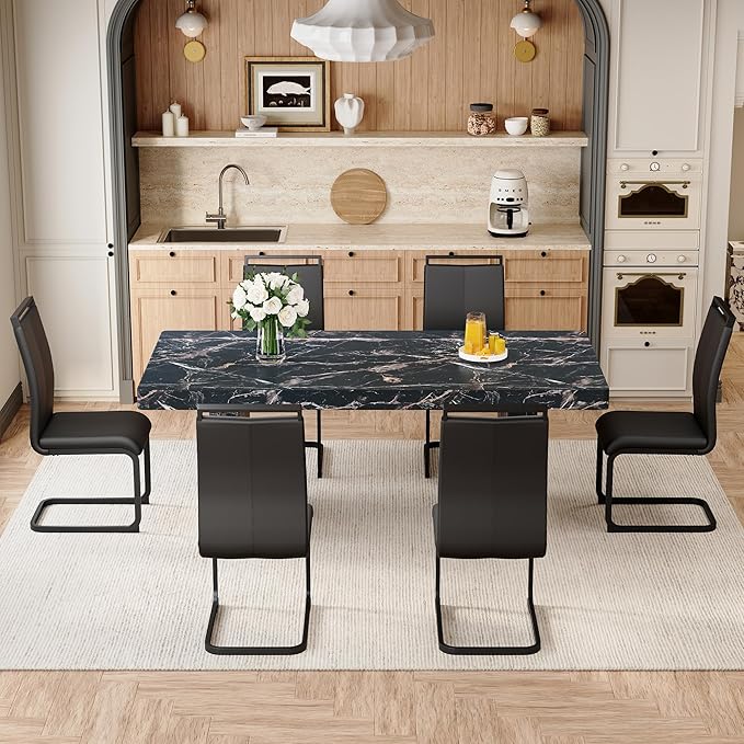 79" Marble Dining Table Set｜Modern Dining Table Set with 6 Faux Leather Chairs｜Engineered Wood with Marble Pattern Tabletop｜Widened and Stable Tablelegs｜Easy Assembly