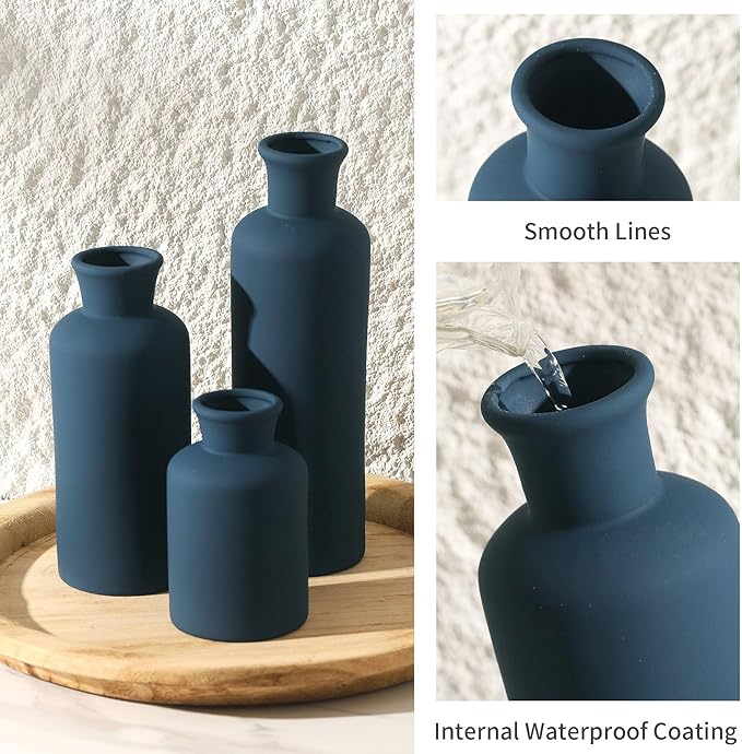 Ceramic Vase Set of 3, Neutral Modern Vases Home Decor Boho Vase Farmhouse Decor Flowers Pampas Vases for Table Mantel Entryway Shelf Living Room Kitchen Bathroom - Navy Blue