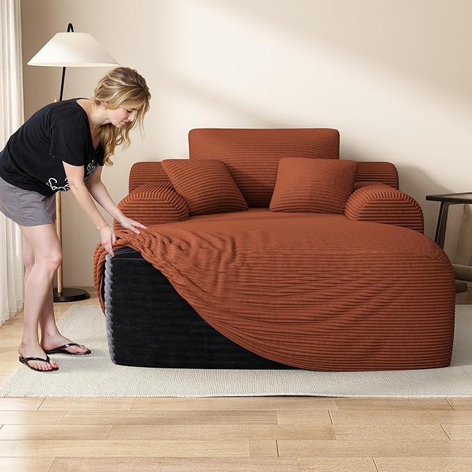 67" Oversized Chaise Lounge Chair with Cover, Comfy Sleeper Sofa Bed, Black Plush Corduory Couch for Living Room,Sofa in A Box,No Assembly Required (Corduroy Orange Cover).