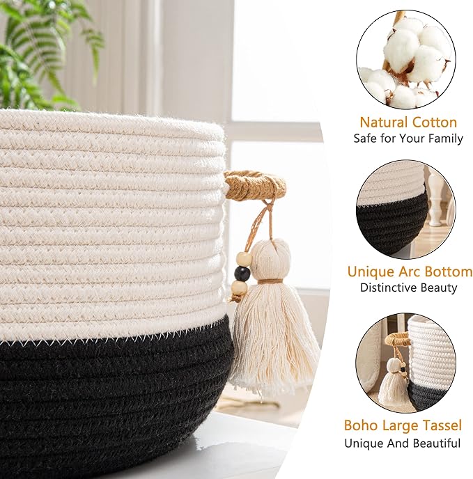 KAKAMAY Woven Baskets for Storage(16"x8"),Blanket Basket for Organizing Living Room,Cotton Rope Basket Woven Baby Laundry Hamper,Collapsible Laundry Room Organization,Clothes,Toy Chest(Black)