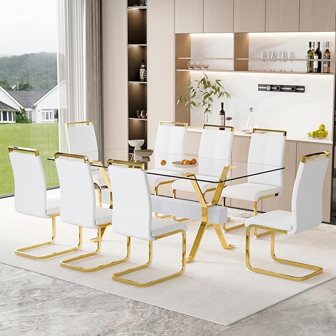 9 Piece Glass Dining Table Set, 79" Modern Dining Table Set for 8, 0.5" Thick Tempered Glass Tabletop with Silver Chrome Metal Legs and Grey Crossbar, 8 PU Chairs for Dining Room, Kitchen