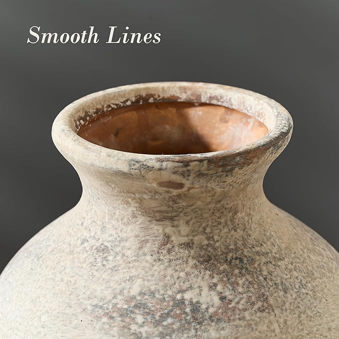 Ceramic Rustic Flower Vase, 8.27 Inch Vintage Pottery Home Decor, Antique Farmhouse Terracotta Vase for Living Room, Table, Shelf, Mantel Decoration, Farmhouse - Natural Brown