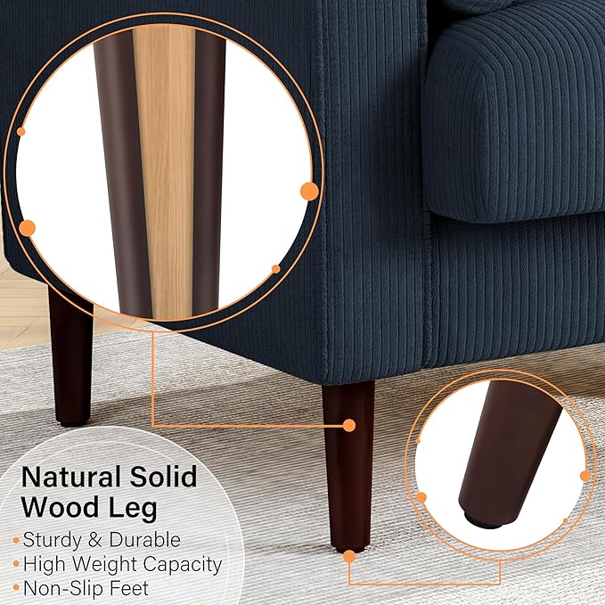 UIXE Accent Chair Corduroy Fabric Upholstered Armchair for Living Room, Mid-Century Modern Arm Chair Comfy Single Sofa Bedroom Side Reading Seat - Navy Blue