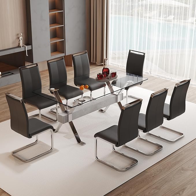 9 Piece Glass Dining Table Set, Kitchen Table Chairs Set for 8, 71'' Dining Table with 0.4" Tempered Glass Tabletop with Plated Metal Legs and MDF Crossbar, 8 PU Chairs for Dining Room, Kitchen.