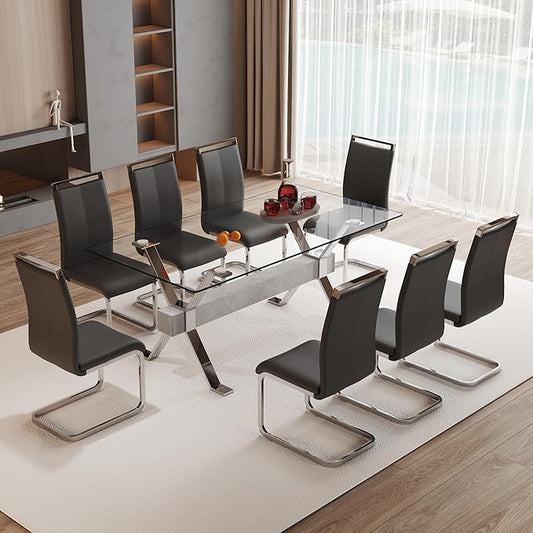 9 Piece Glass Dining Table Set, Kitchen Table Chairs Set for 8, 71'' Dining Table with 0.4" Tempered Glass Tabletop with Plated Metal Legs and MDF Crossbar, 8 PU Chairs for Dining Room, Kitchen.