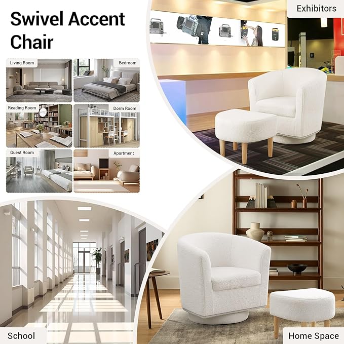 DAZONE Sherpa Swivel Accent Chair with Ottoman, Fluffy Teddy Barrel Chair Set, Comfy Upholstered Armchair for Living Room, Bedroom, Reading Nook, White