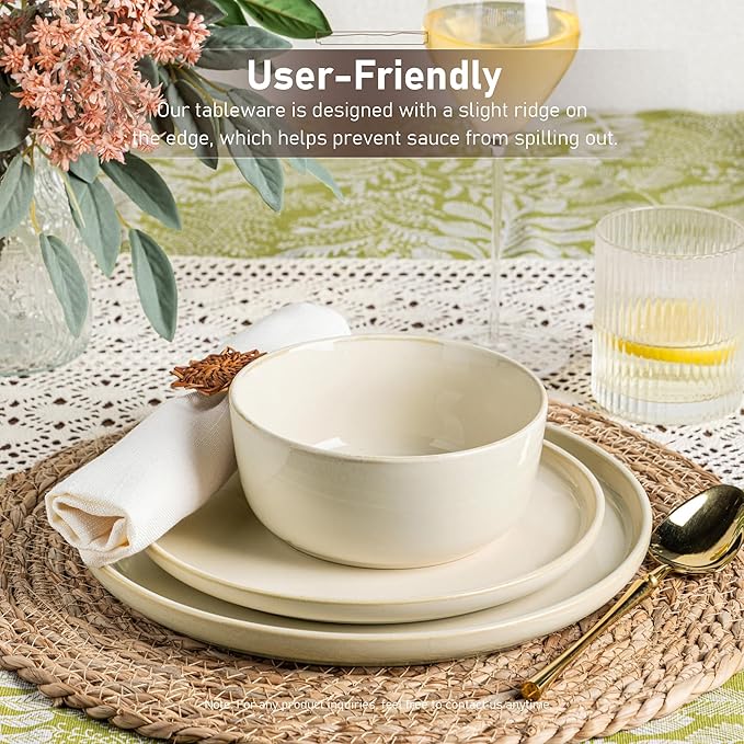 GBHOME Ceramic Dinnerware Sets for 4, 12 Pieces Stoneware Plates and Bowls Sets, Scratch Resistant Dishes, Dishwasher & Microwave Safe, Reactive Glaze-Vanilla color