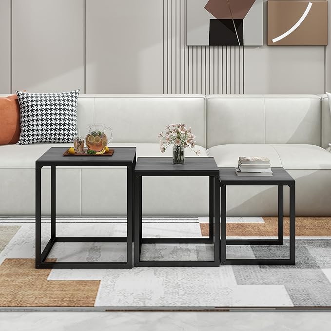 Nesting Table Set of 3 Side Tables, Modern Coffee Table Stacking End Table with Metal Frame (A-Square, Grey)