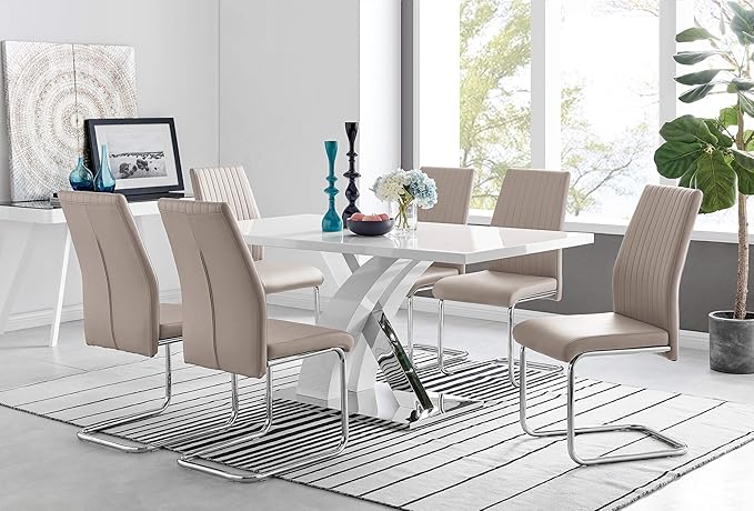 Atlanta Modern Rectangle Chrome Metal White High Gloss Dining Table and 6 Cappuccino Beige Lorenzo Chairs Set