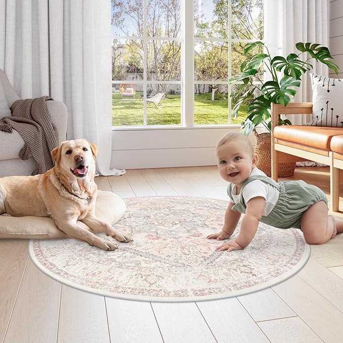 LIVEBOX Pink Round Rug 4ft - Machine Washable Circle Rug for Living Room, Non-Shedding Vintage Circular Carpet Bedroom, Low-Pile Floral Rugs Round for Girl's Room Entryway, Boho Rugs for Office