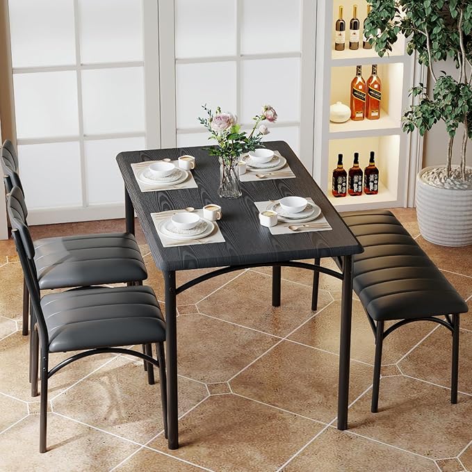 IDEALHOUSE Dining Table Set for 4, Kitchen Table with Chairs for 4, Rectangular Wood Dining Room Table Set with Upholstered Bench for Small Space, Dinner, Apartment, Retro Black
