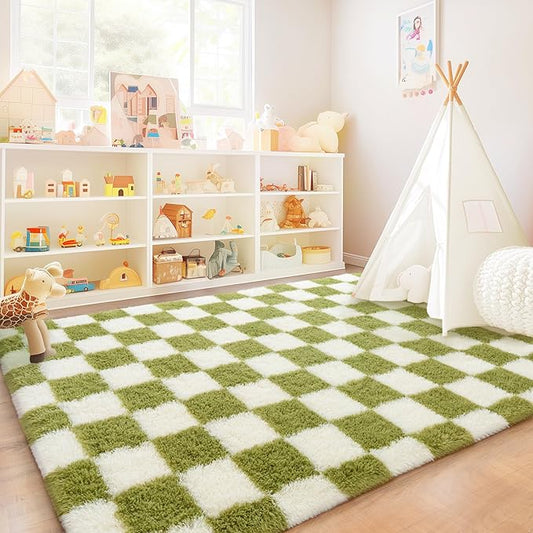 Checkered Rugs for Bedroom, 4x6 Ultra Fluffy Fuzzy Shag Area Rug for Living Room, Modern Plush Soft Upgrade Non-Slip Carpet for Kids Girls and Boys Room Dorm Nursery Home Decor, Cream and Green
