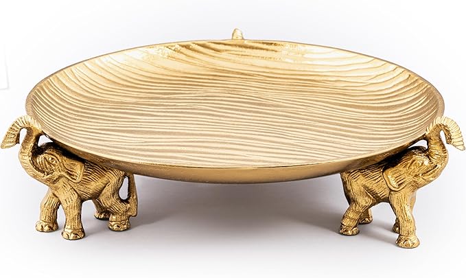 Round Decorative Tray with Elephant Stands, Golden – Tray for Coffee Table, Home Decor, Centerpiece, Serving Platter & More – Circular Tray with Symbolic Elephants