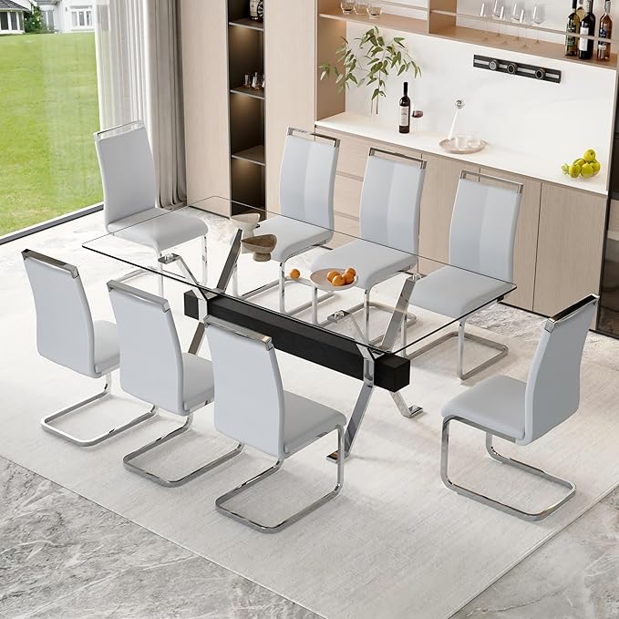 9 Piece Glass Dining Table Set, 79" Modern Dining Table Set for 8, 0.5" Thick Tempered Glass Tabletop with Silver Chrome Metal Legs and Black Crossbar, 8 PU Chairs for Dining Room, Kitchen